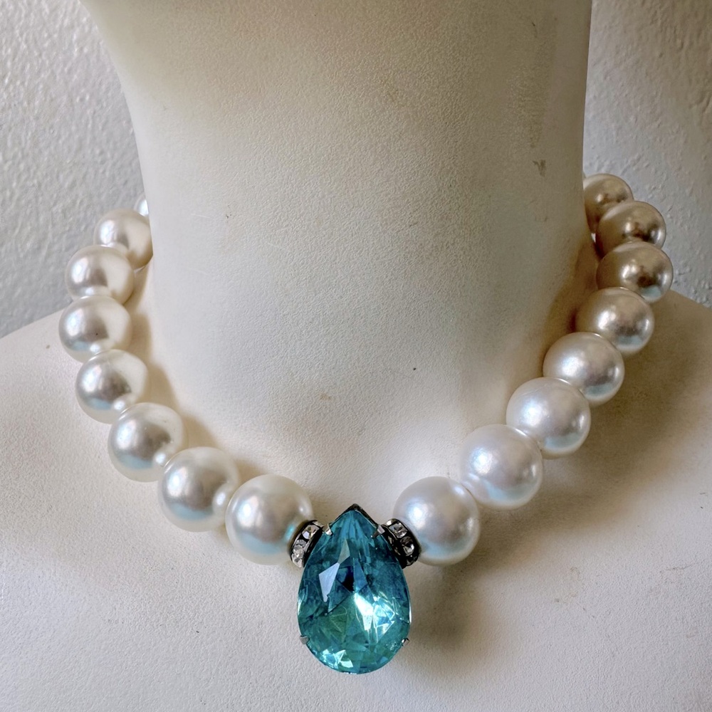 Aquamarine with Large Pearls Faux Choker, Swarovski rondells